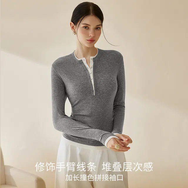 内在密码 撞色假两件秋冬长袖打底衫女正肩显瘦内搭上衣外穿亨利领保暖上装 女款