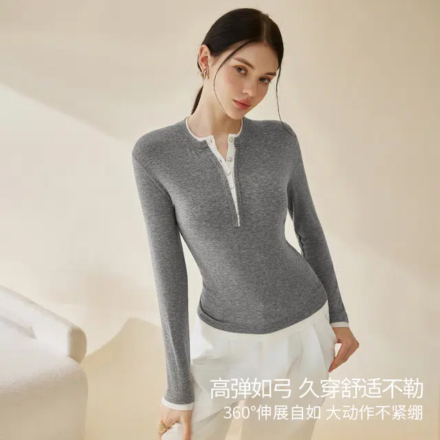 内在密码 撞色假两件秋冬长袖打底衫女正肩显瘦内搭上衣外穿亨利领保暖上装 女款