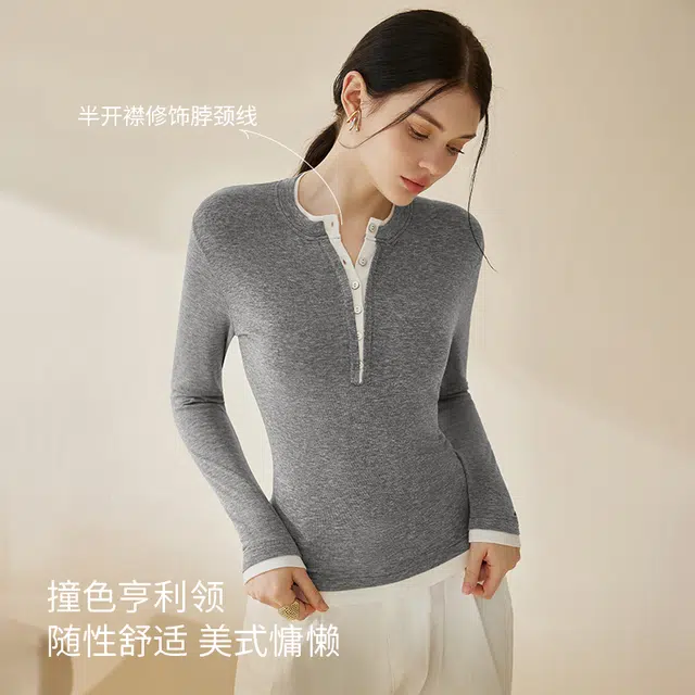内在密码 撞色假两件秋冬长袖打底衫女正肩显瘦内搭上衣外穿亨利领保暖上装 女款