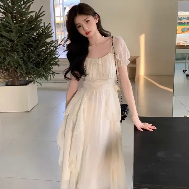 珠蒂美 法式温柔风荷叶边方领收腰长款雪纺森系仙女裙海边约会必备短袖连衣裙 女款