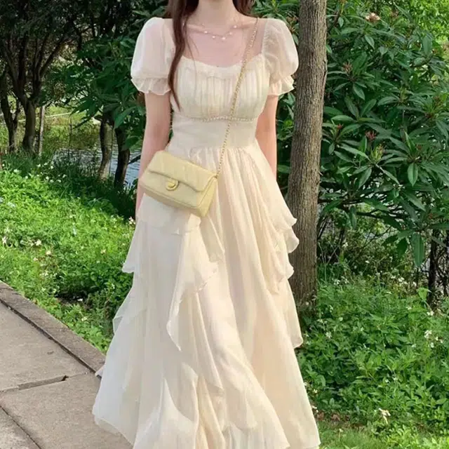 珠蒂美 法式温柔风荷叶边方领收腰长款雪纺森系仙女裙海边约会必备短袖连衣裙 女款