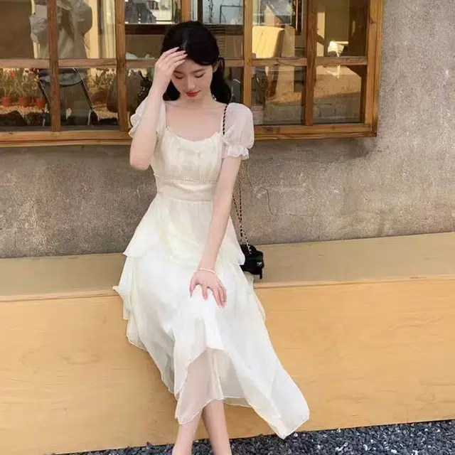 珠蒂美 法式温柔风荷叶边方领收腰长款雪纺森系仙女裙海边约会必备短袖连衣裙 女款