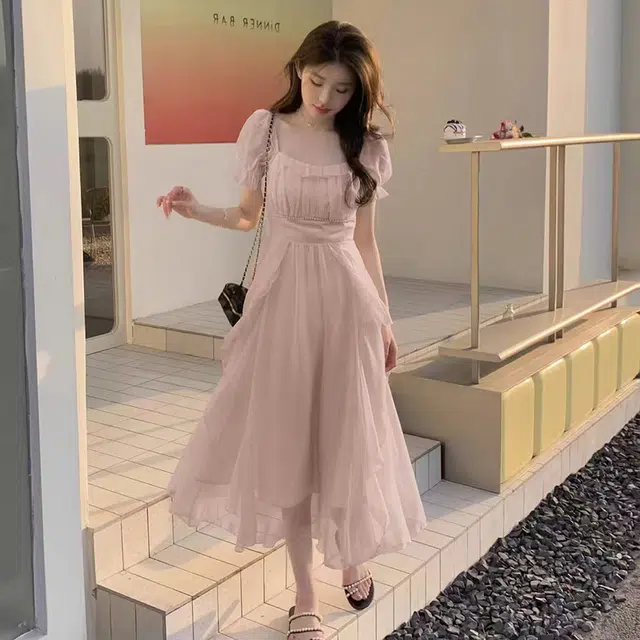 珠蒂美 法式温柔风荷叶边方领收腰长款雪纺森系仙女裙海边约会必备短袖连衣裙 女款