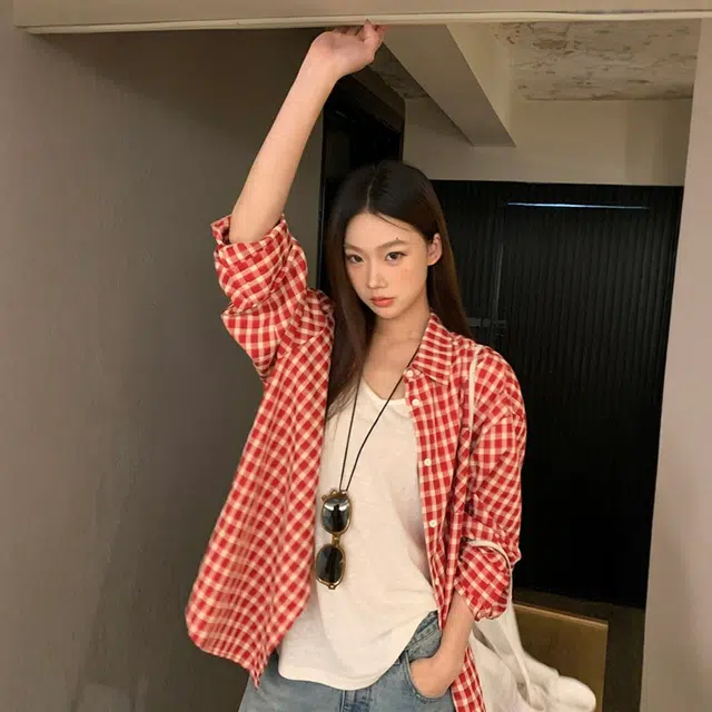 花蔓色 美式复古小众设计感气质简约格纹翻领长袖衬衫 女款