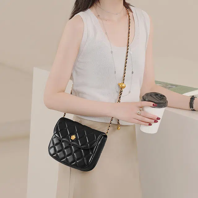 妙迪 小香风菱格绣线 真皮羊皮 链条包腋下单肩斜挎 小号 女款 黑色/白色