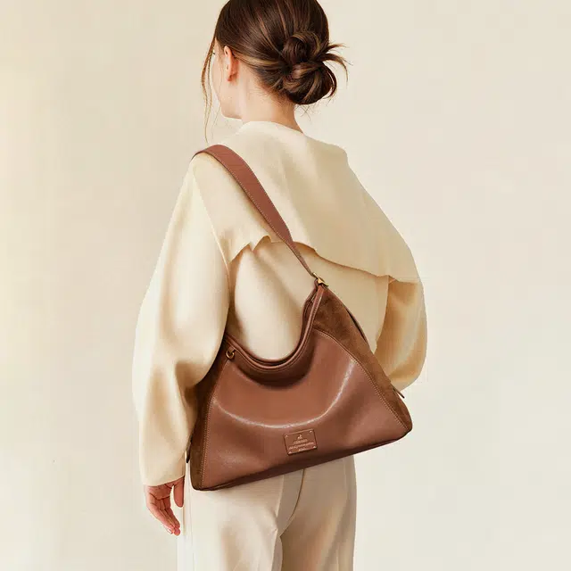 妙迪 通勤大容量托特包 牛皮革 单肩包 常规 女款 焦糖棕
