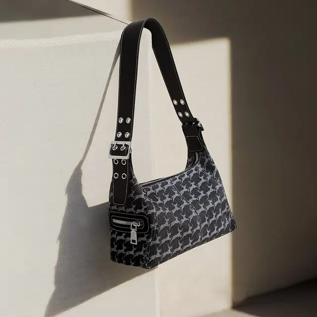 妙迪 复古机车牛仔包设计感腋下托特包 织物 单肩包 常规 女款 丹宁黑