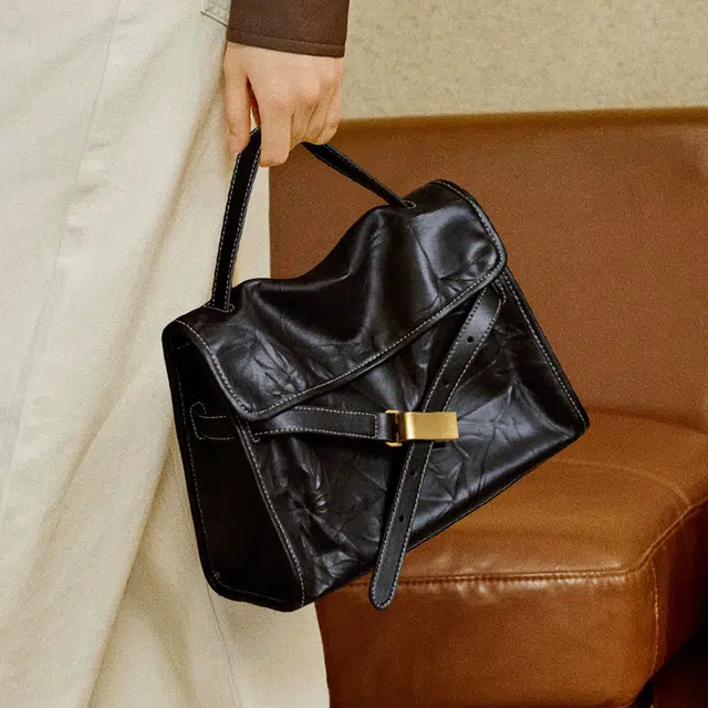 妙迪 通勤百搭凯莉包 牛皮 单肩斜挎手提包 常规 女款 子夜黑