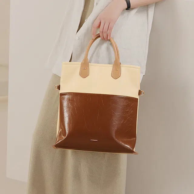 妙迪 高级感拼接撞色大容量时尚百搭简约通勤 柔软牛皮 一包三用 托特包手提单肩斜挎包 常规 女款 拿铁千层雪