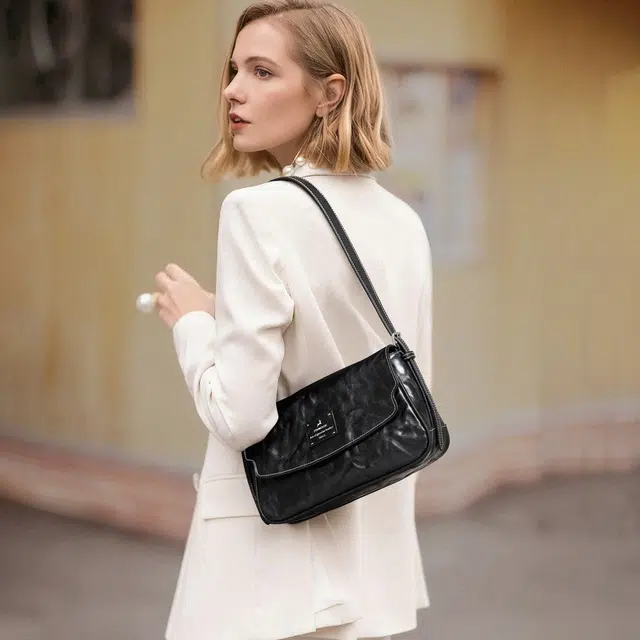 妙迪 职场通勤日常小方包腋下包 植鞣牛皮 单肩包 常规 女款 子夜黑