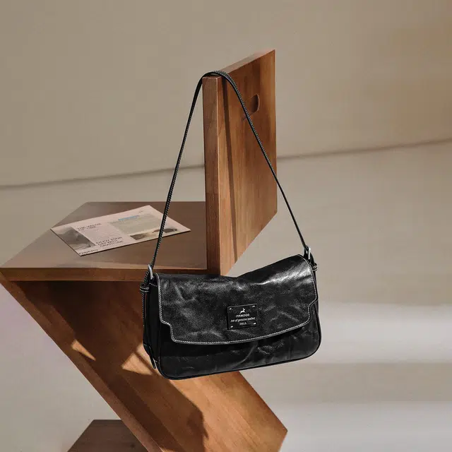 妙迪 职场通勤日常小方包腋下包 植鞣牛皮 单肩包 常规 女款 子夜黑