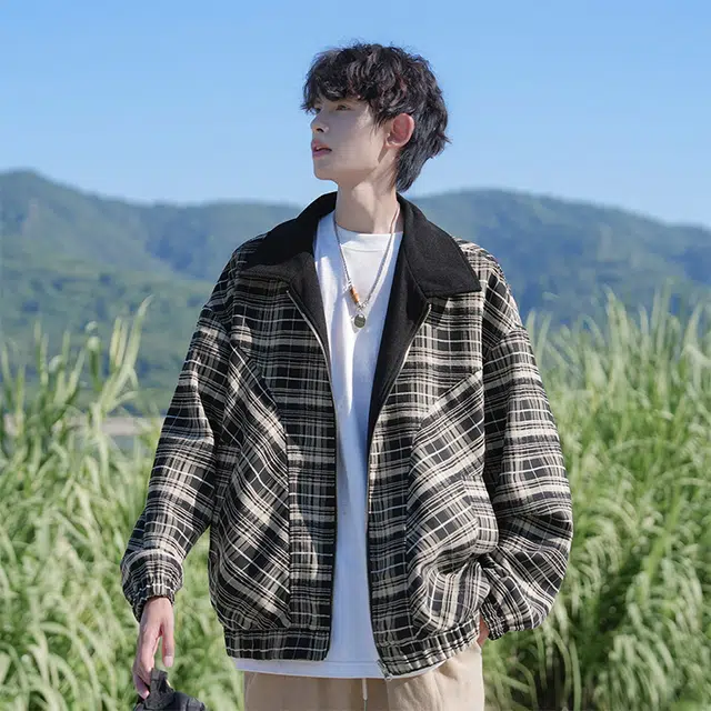 悍戈 美式复古双面穿灯芯绒格纹宽松痞帅大码休闲百搭外套夹克 男女同款