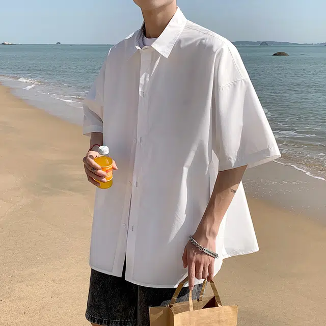 星际者 基础款海滨沙滩纯色纽扣翻领打底商务出行通勤休闲内衬短袖衬衫 男女同款