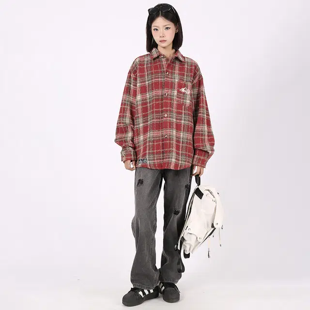 星际者 基础款美式高街简约复古毛呢格子宽松休闲透气百搭长袖小香风衬衫 男女同款