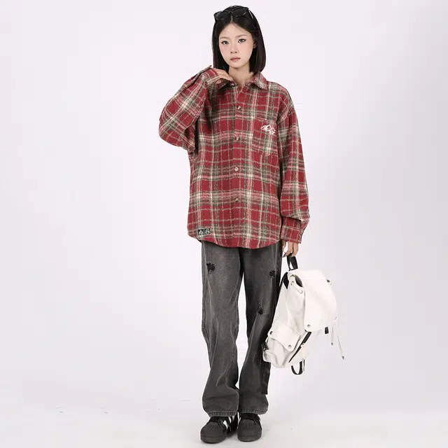 星际者 基础款美式高街简约复古毛呢格子宽松休闲透气百搭长袖小香风衬衫 男女同款