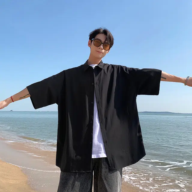 星际者 基础款海滨沙滩纯色纽扣翻领打底商务出行通勤休闲内衬短袖衬衫 男女同款