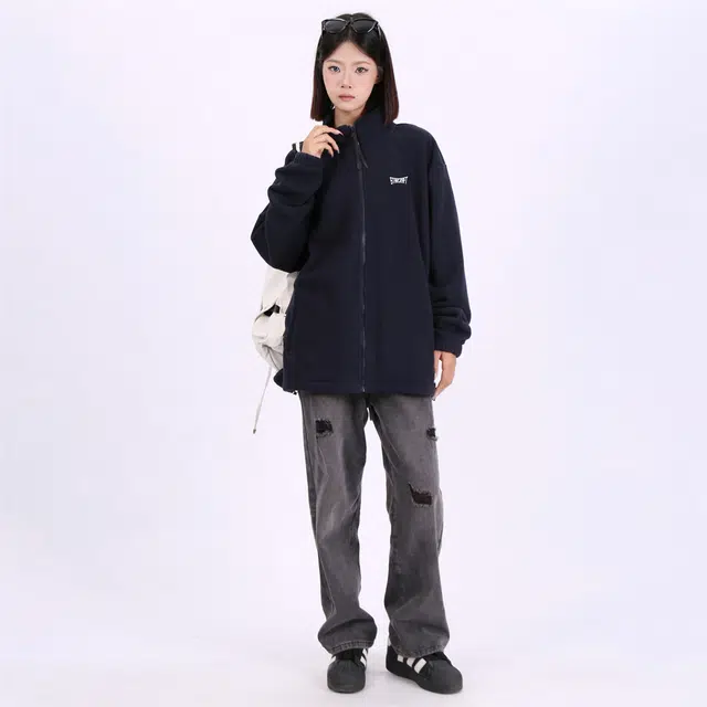 星际者 简约基础款字母印花保暖拉链简约宽松舒适夹克外套 男女同款
