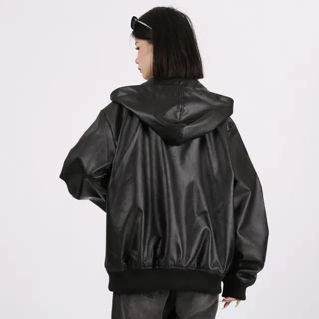 星际者 美式复古连帽纯色宽松机车皮衣 男女同款 黑色