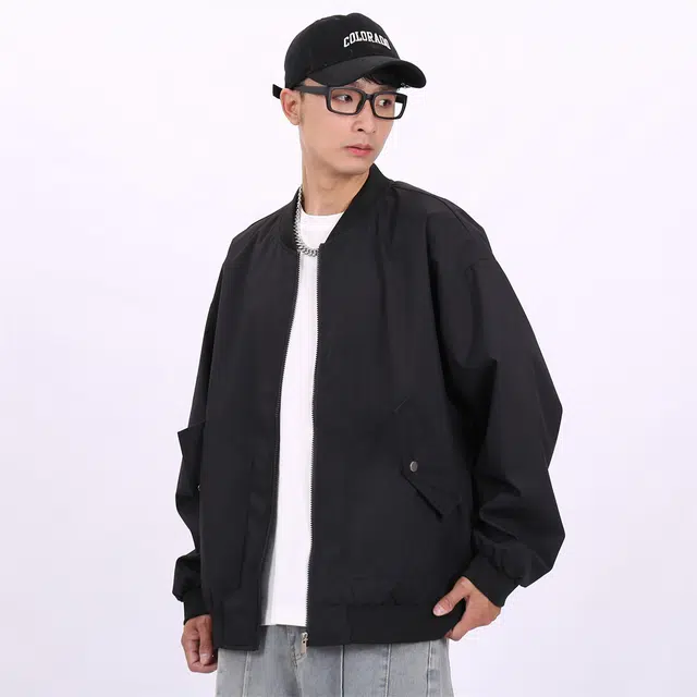 星际者 纯色山系户外品牌贴标棒球领宽松落肩飞行工装拉链百搭休闲夹克外套 男女同款