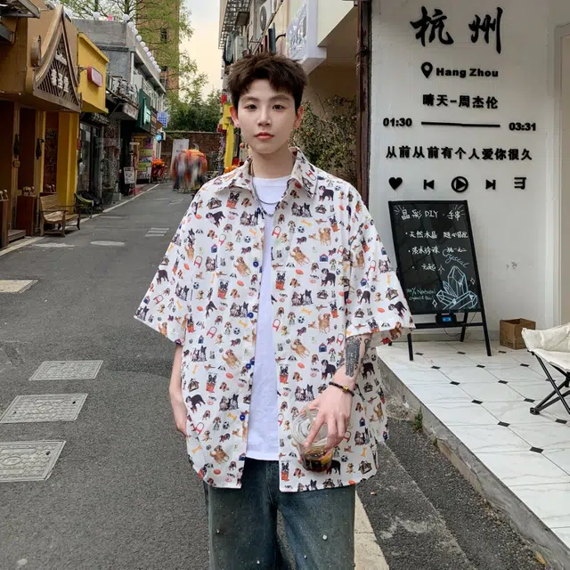 星际者 小狗时尚潮流个性百搭透气舒适短袖衬衫 男女同款