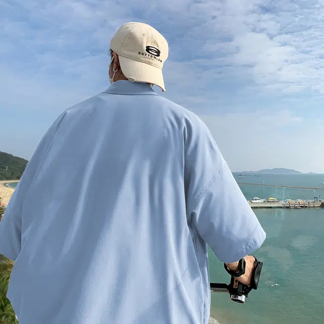 星际者 基础款海滨沙滩纯色纽扣翻领打底商务出行通勤休闲内衬短袖衬衫 男女同款