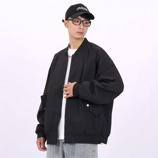 星际者 纯色山系户外品牌贴标棒球领宽松落肩飞行工装拉链百搭休闲夹克外套 男女同款