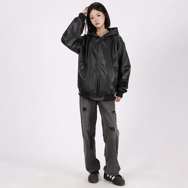 星际者 美式复古连帽纯色宽松机车皮衣 男女同款 黑色
