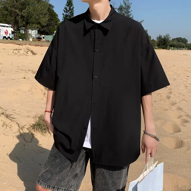 星际者 基础款海滨沙滩纯色纽扣翻领打底商务出行通勤休闲内衬短袖衬衫 男女同款
