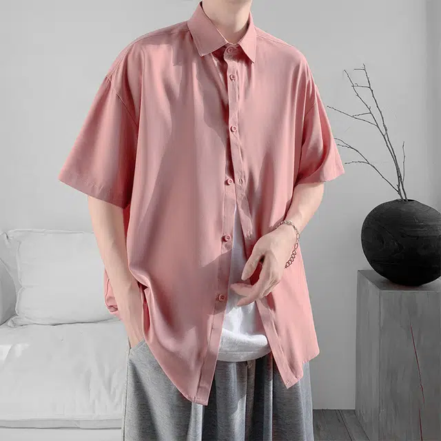 星际者 基础款纯色痞帅风纽扣翻领短袖衬衫 男女同款