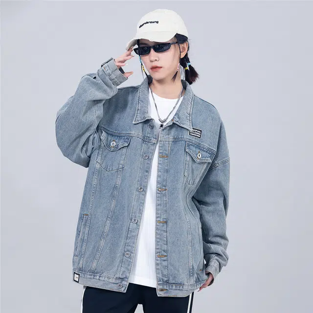 星际者 水洗翻领字母几何图案印花宽松休闲牛仔外套 男女同款 磨白蓝
