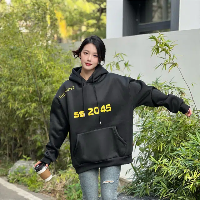 星际者 字母数字印花休闲宽松连帽套头卫衣 男女同款 加绒加厚可选