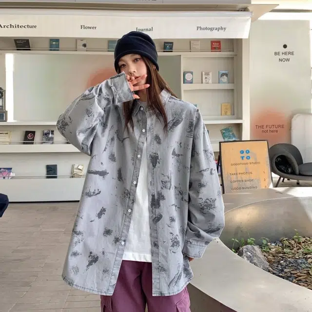 星际者 潮流时尚纯色透气耐磨水洗做旧长袖衬衫 男女同款