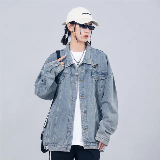 星际者 水洗翻领字母几何图案印花宽松休闲牛仔外套 男女同款 磨白蓝