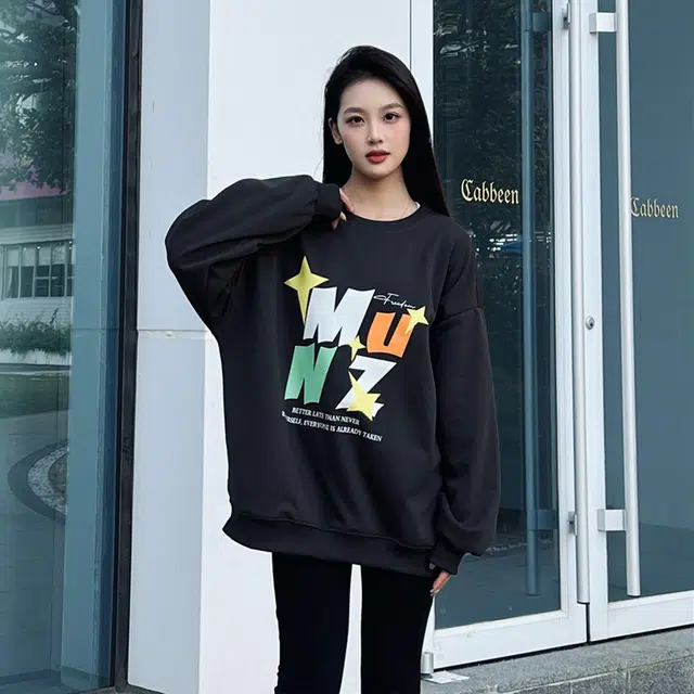 星际者 彩色字母星星印花落肩宽松圆领套头卫衣 男女同款 加绒加厚可选
