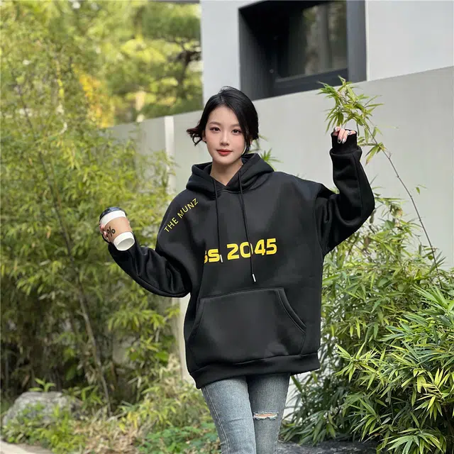 星际者 字母数字印花休闲宽松连帽套头卫衣 男女同款 加绒加厚可选