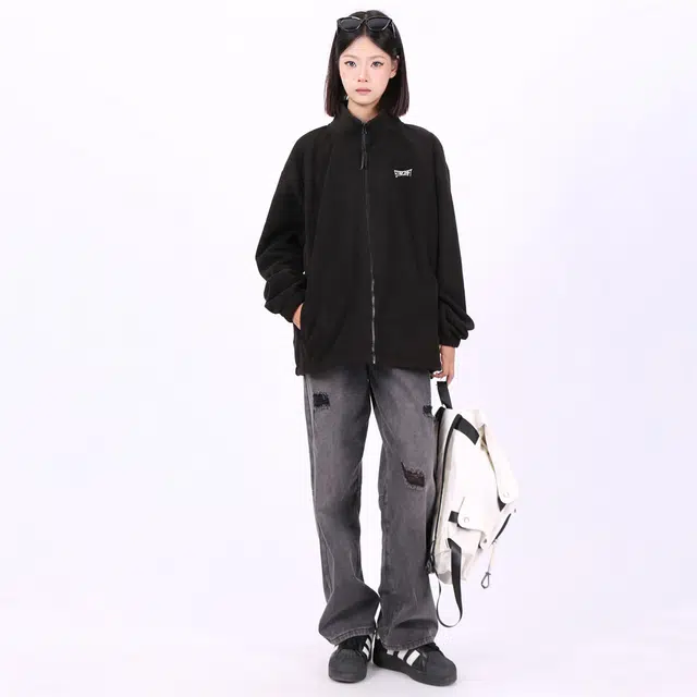 星际者 简约基础款字母印花保暖拉链简约宽松舒适夹克外套 男女同款