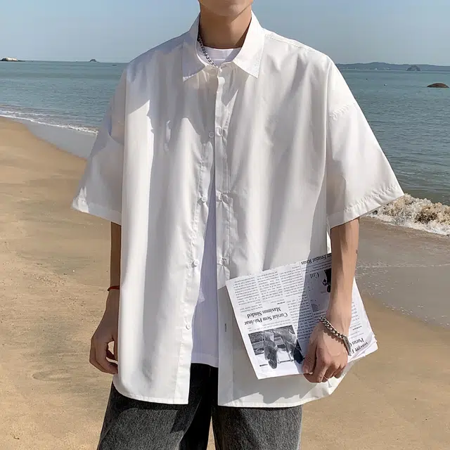星际者 基础款海滨沙滩纯色纽扣翻领打底商务出行通勤休闲内衬短袖衬衫 男女同款