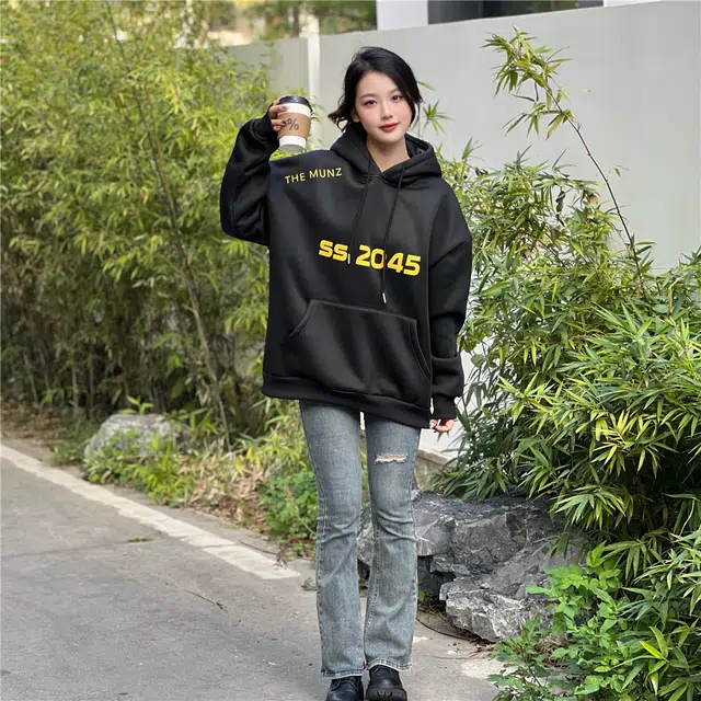 星际者 字母数字印花休闲宽松连帽套头卫衣 男女同款 加绒加厚可选