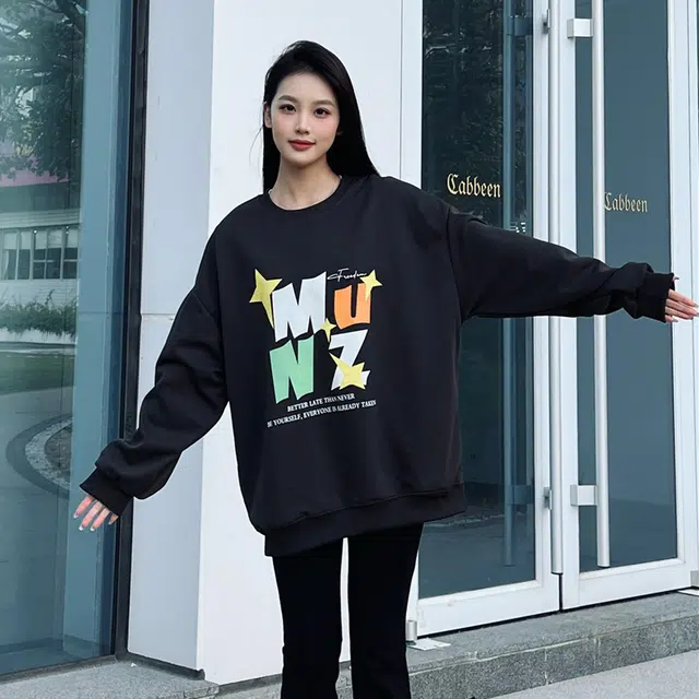 星际者 彩色字母星星印花落肩宽松圆领套头卫衣 男女同款 加绒加厚可选