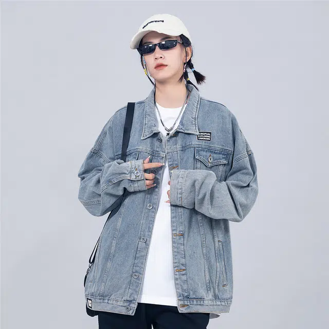 星际者 水洗翻领字母几何图案印花宽松休闲牛仔外套 男女同款 磨白蓝