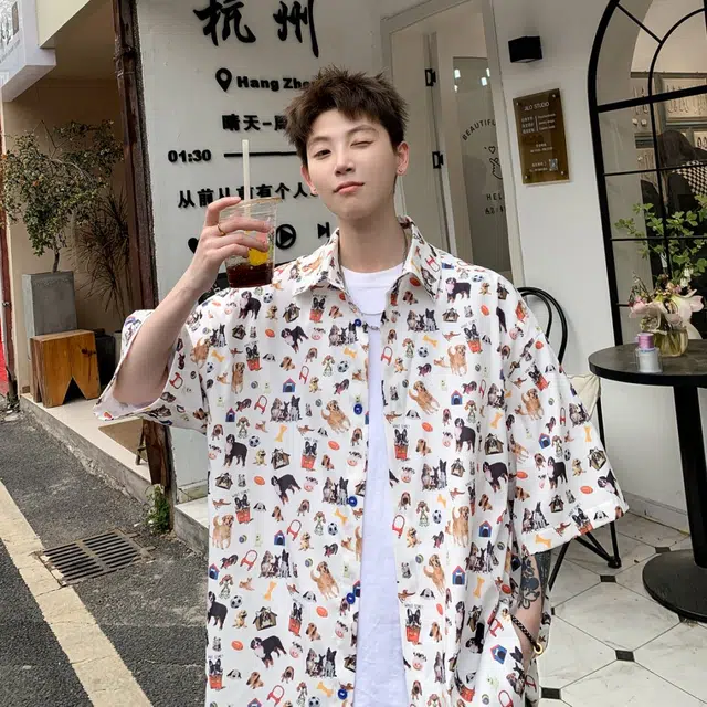 星际者 小狗时尚潮流个性百搭透气舒适短袖衬衫 男女同款