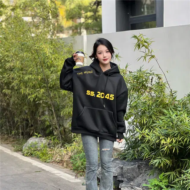 星际者 字母数字印花休闲宽松连帽套头卫衣 男女同款 加绒加厚可选