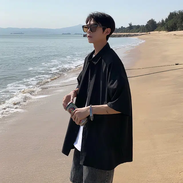 星际者 基础款海滨沙滩纯色纽扣翻领打底商务出行通勤休闲内衬短袖衬衫 男女同款