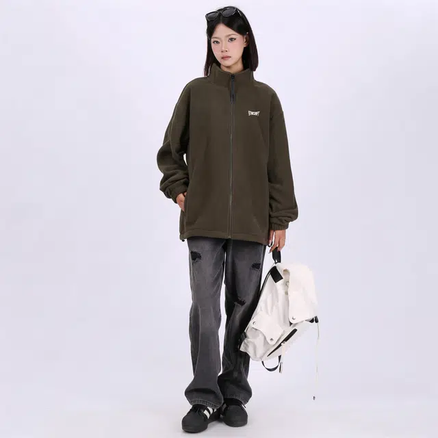 星际者 简约基础款字母印花保暖拉链简约宽松舒适夹克外套 男女同款