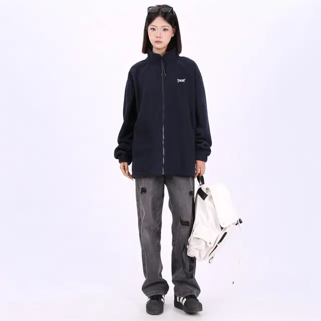星际者 简约基础款字母印花保暖拉链简约宽松舒适夹克外套 男女同款