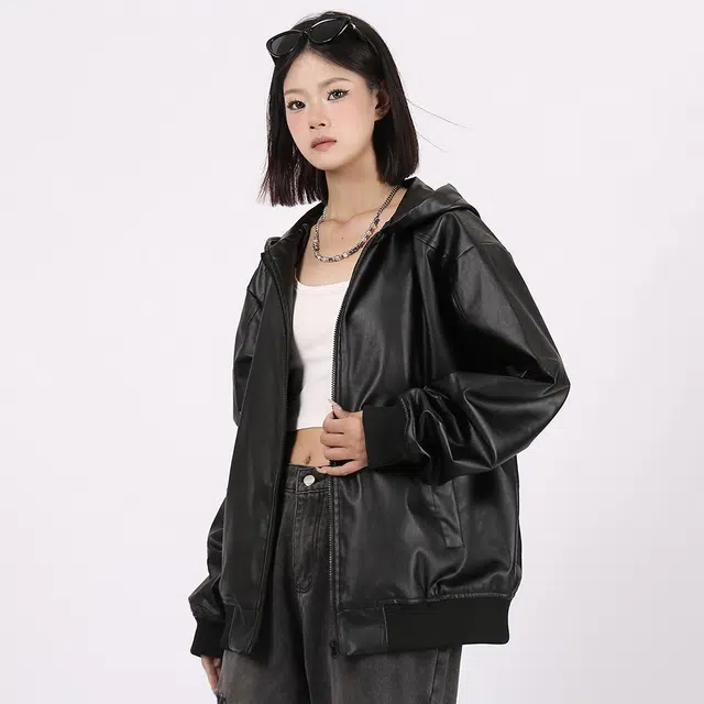 星际者 美式复古连帽纯色宽松机车皮衣 男女同款 黑色