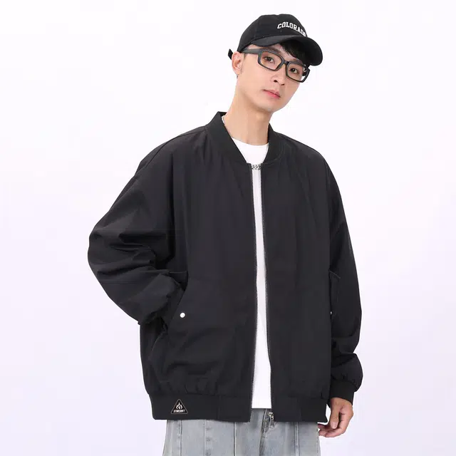 星际者 纯色山系户外品牌贴标棒球领宽松落肩飞行工装拉链百搭休闲夹克外套 男女同款