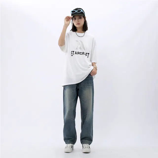 星际者 宽松字母直筒微喇牛仔裤 男女同款 蓝色