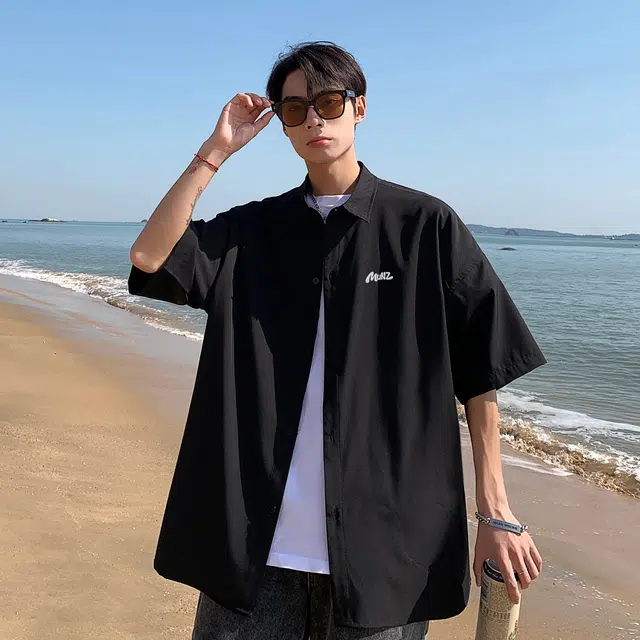 星际者 基础款海滨沙滩纯色纽扣翻领打底商务出行通勤休闲内衬短袖衬衫 男女同款