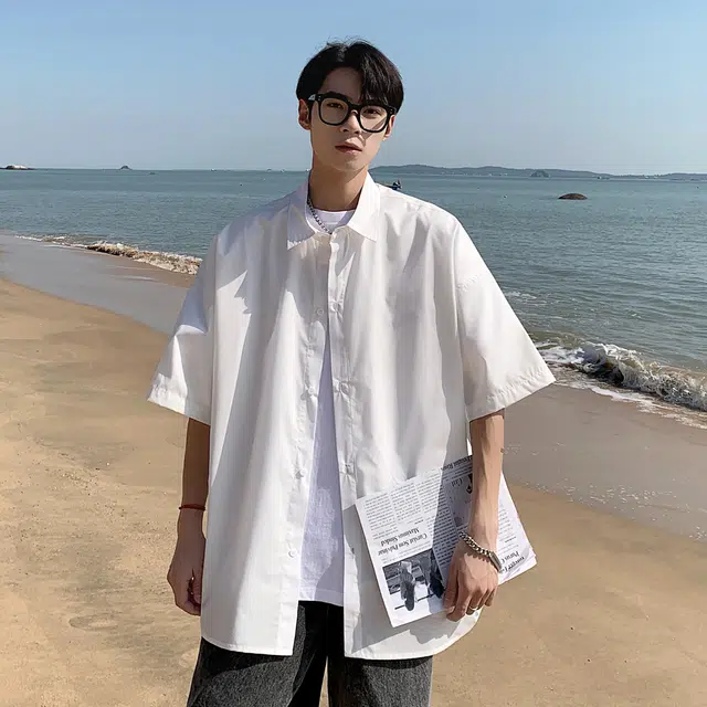 星际者 基础款海滨沙滩纯色纽扣翻领打底商务出行通勤休闲内衬短袖衬衫 男女同款